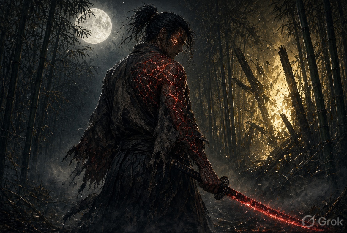 Yoriichi Demon Theory, Sengoku slayer in cracked sun-and-moon armor